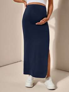 SHEIN Adjustable Waist Fitted Maternity Skirt With Side Slit - Navy Blue - View 7