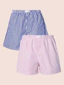 Manfinity Underwear&Sleepwear Basics 2pcs Plus Size Men's Blue & Pink Striped Airy Pants (Comfortable Loose Fit For Indoor & Outdoor Wear) - Multicolor - View 1