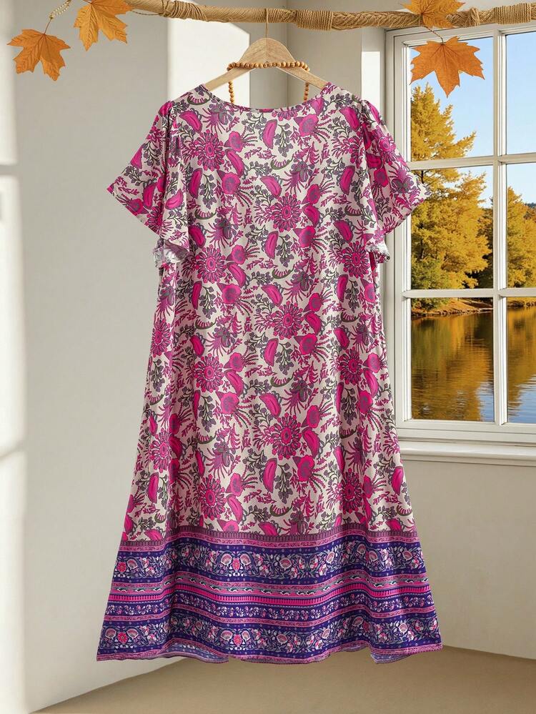 Plus Size Country Boho Vacation Pastoral Comfortable Floral Positioning Flower Lotus Leaf Sleeve V-Neck Fitted Knee-Length Dress Suitable For Spring And Summer Wear Women Plus Sun Dress Women Summer Clothing Vacation Outfits Beach Outfits For Woman  Beach Vacation Outfits Beach Dress,Sundress Vacation Dress,Summer Dresses For Women,Dresses Casual