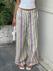 SHEIN EZwear 彩色条纹梭织女式松紧腰阔腿休闲裤 - 彩色 - 查看 5