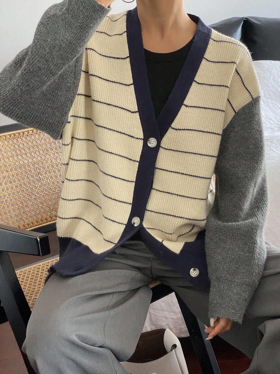 Livesso Áo khoác cardigan dệt kim dài tay họa tiết sọc khối màu đơn giản dành cho nữ, mùa thu/đông - Màu be - Xem 1