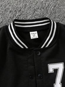 SHEIN Genkimix Kids 1 件装小男孩休闲棒球夹克，带字母和数字印花，长袖，适合 4-7 岁男孩的日常穿着、运动、郊游、返校 - 黑色 - 查看 6