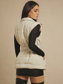 Silquee 女士秋冬时尚绗缝腰带背心棉服外套 - 杏色 - 查看 2