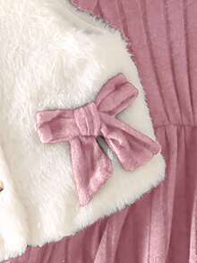 Elladie kids 女孩优雅高领泡泡袖收腰纯色纹理连衣裙和短款圆领毛绒蝴蝶结装饰背心套装，秋冬 - 粉色 - 查看 6