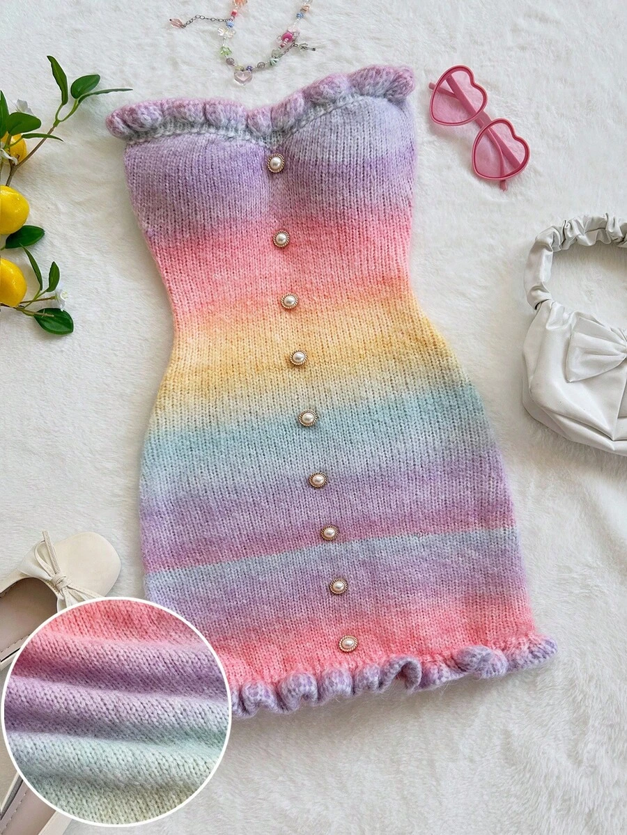 Soleia Comfortable Fitted Cardigan Ombre Color Dress With Button & Ruffle Hem, For Vacation - Multicolor - View 1