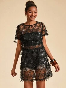 Travachic 女士度假亮片网眼圆领宽松迷你连衣裙 - 黑色 - 查看 6