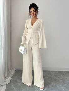 Elenzga 新款春秋纹理奶油黄色女装，法式交叉系带腰部修身 V 领喇叭袖蝴蝶结后背衬衫 + 高腰宽松阔腿裤 2 件套，经典百搭，适合日常、通勤、度假、约会、派对 - 杏色 - 查看 6