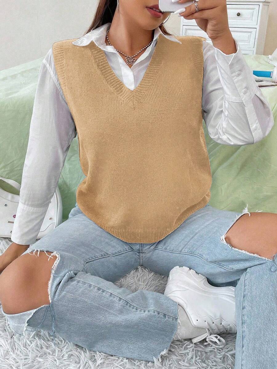 Flirla 大码休闲百搭纯色针织背心 - 黃色 - View 1