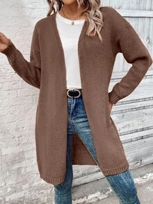 EMERY ROSE Women's Casual Everyday Commute Simple Solid Color Drop Shoulder Loose Long Cardigan Sweater, Autumn/Winter - Mocha Brown - View 6