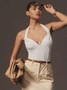 Hauture 商务办公室性感秋季柔软拉绒弹力甜心露背连体衣 - 杏色 - 查看 1