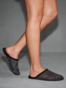 CUCCOO SZL 女士镂空透气设计尖头平底鞋，黑色网眼平底鞋，适合日常穿着和居家 - 黑色 - 查看 7