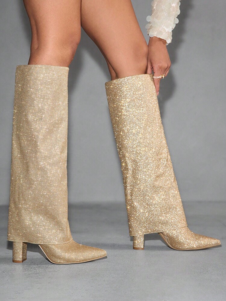 CUCCOO SZL Women's Pointed Toe Thick Heel Gold Glitter Material Double Layer Design Fashion Sexy Comfortable Daily Party Banquet Side Zipper Slip-On Boots - Gold - View 5