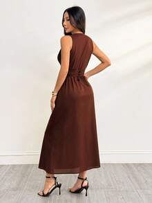 SHEIN PETITE Elegant Solid Color Front Button Sleeveless Dress, Summer,Thanksgiving Outfit For Women,Brown Skirt,Luxury Evening Dress For Women,Elegant Dresses For Ladies