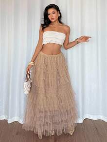 DAZY Women's Elegant Long Tulle Cake Skirt - Pink - View 2