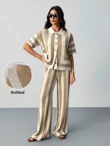 SHEIN Tall Women's Wool Striped Top + Sweater Pants Two Pieces Set Striped Set Pants Suit Pant Suit Summer Sets Shirt And Pants Set Knit Striped Set - Multicolor - View 5