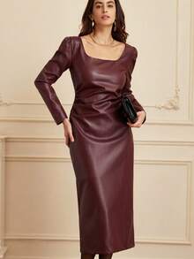 GENKIRA New Arrival PU Fabric Elegant High-End Classy Square Collar Waist Cinched Slit Maxi Long Sleeve Dress - Burgundy - View 4