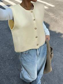 Siren Gaze 女士纯色圆领单排扣休闲针织背心，秋冬 - 白色 - 查看 5