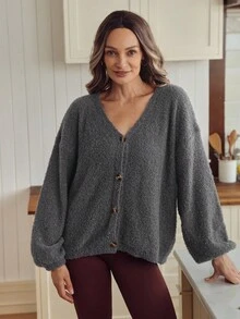 Louniche Women's Fashionable Soft Fluffy Lantern Sleeve Cardigan, Autumn/Winter - Grey - View 3