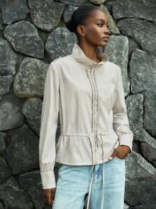 Lumivelle Women's Casual High Neck Zip-Up Cinched Waist Long Sleeve Lightweight Jacket