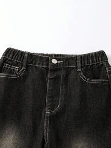 Denimly 女童 West Wild Preppy 户外风格松紧腰拉链门襟个性化印花复古水洗牛仔裤，适合街头、户外和通勤穿着 - 中等水洗藍 - 查看 6