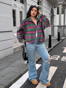 SHEIN EZwear 大码女式休闲拉链短款夹克，秋冬多色可选 - 淡紫色 - 查看 5