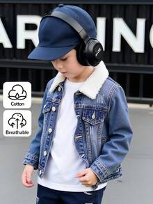 Denimly Young Boy Casual Daily Urban Street Composite Fleece Collar Design Simple Comfortable Washed Denim Jacket - Medium Wash - View 1