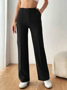 SHEIN PETITE CURVE Quần ống đứng màu trơn đơn giản, tối giản, thoải mái, dễ mặc, cỡ lớn dành cho nữ, đi làm, đi chơi - màu đen - Xem 3