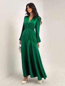 Almamuse Damen elegantes, strukturiertes Kleid mit weitem Ärmel - Grün - Übersicht 6
