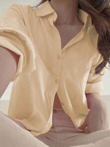 DAZY 女士宽松纯色长袖单排扣休闲衬衫 - 黃色 - 查看 7