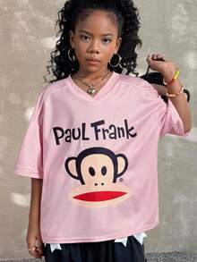 Paul Frank X SHEIN Camiseta de jersey con cuello en V y estampado de mono para niña preadolescente, camiseta con estampado animal de otoño - Rosa - Ver 3