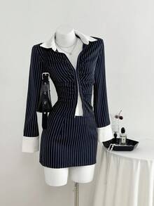 Elamini Bộ 2 áo sơ mi tay dài hở ngực kẻ sọc xanh navy và chân váy ngắn ôm sát, trang phục đi làm hàng ngày, trở lại trường, phong cách đại học - Màu xanh hải quân - Xem 1