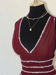 SHEIN ICON Damen Rotes Paillettenbesatz Geraffter Mehrlagiger Rüschen Saum Taillengegürtetes Party Minikleid - Rot - Übersicht 4
