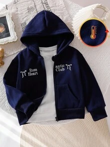Genkimix Kids 1件女童蝴蝶结刺绣细节抓绒拉链连帽衫，藏蓝色连帽衫，秋冬连帽外套，女童拉链卫衣 - 藏蓝色 - 查看 1