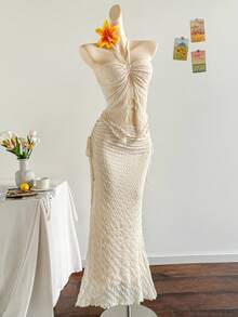 Soleia Women's Elegant Solid Color Halter Neck Spaghetti Strap Hollow Asymmetrical Hem Textured Fabric 2-Piece Set - Apricot - View 6