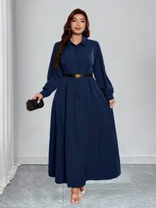 Rometta Plus Size Elegant Solid Color Lantern Sleeve Dress, Suitable For Commuting - Navy Blue - View 3
