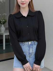 SHEIN Camicetta dolce a maniche lunghe con colletto alla coreana, in colore nero tinta unita, adatta per ragazze adolescenti, stile casual, da casa, da strada, per pendolarismo, clean girl, stile Y2K, adatta per primavera, estate, autunno, inverno