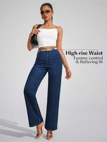 Flexra Women's Pocket Loose Wide Leg Casual Versatile Jeans - Dark Wash - View 4