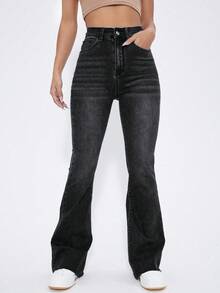 SHEIN EZwear Washed Denim Blue High Waist Flare Leg Jeans - Black - View 3