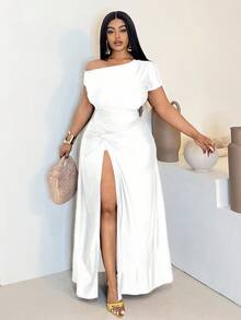 Maweii Plus Size Women's Asymmetric Neck Split Twist Dress - White - View 4