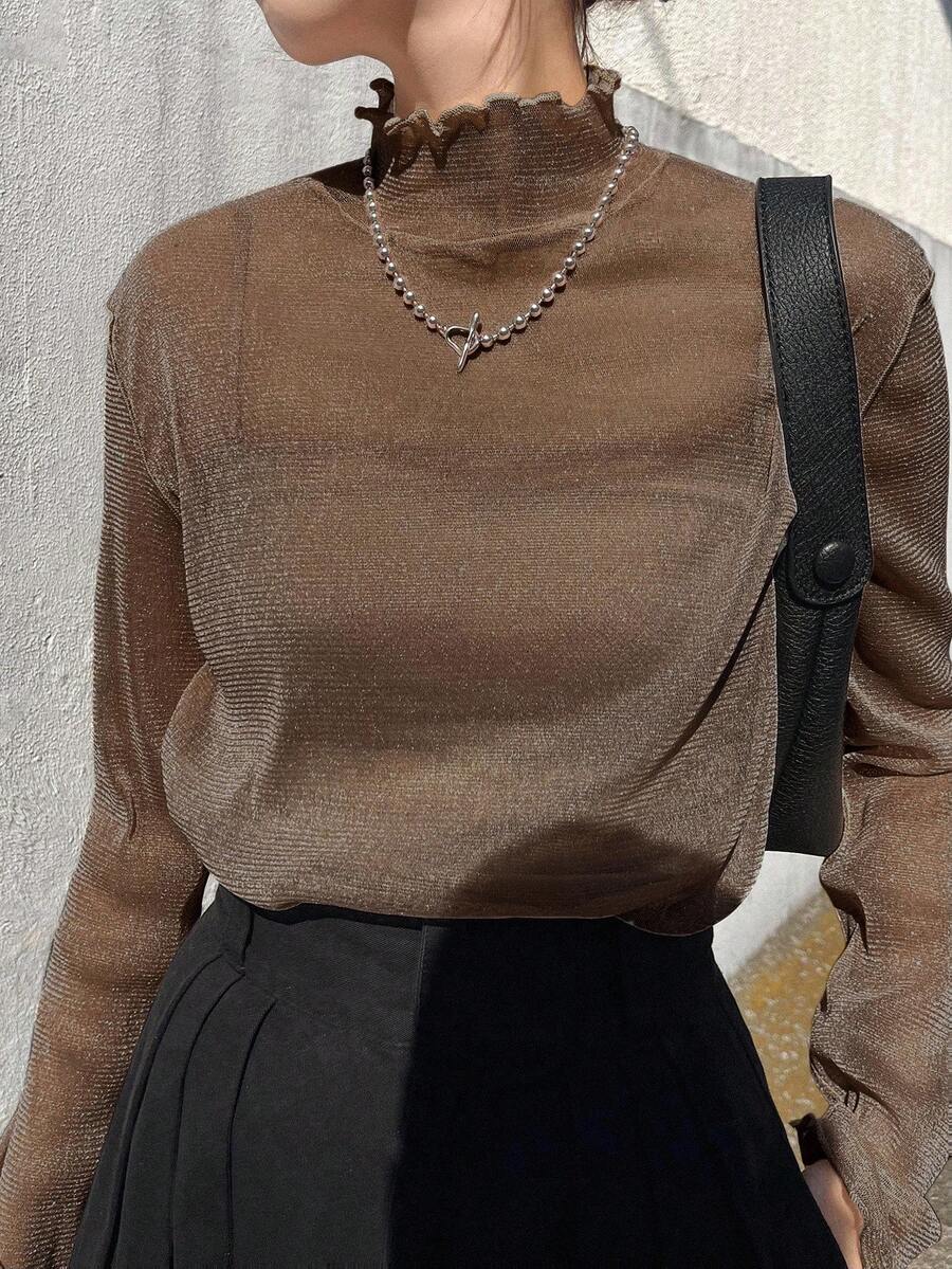 Women's Mesh Sheer High Neck See-Through Blouse, Summer Wear Long Sleeve Top - Brown - View 1