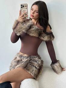 Firerie Elegante, romántico, lujoso, vintage, moda callejera, fiesta, urbano, chic, hombro oblicuo, cuello de piel sintética, manga ajustada, camiseta de manga larga con puños de piel sintética de corte ajustado para mujer, otoño/invierno