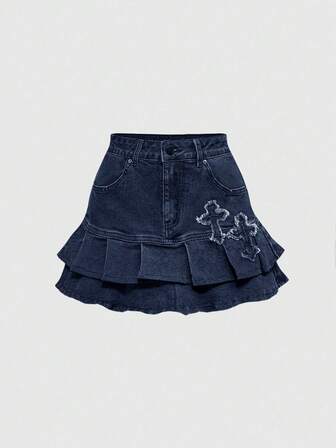 Grunge Punk Y2K Vintage Cross Embroidered Frayed Hem Double Layer Black Denim Mini Skirt, Dark Blue