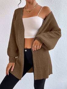 EURMUSE Casual Versatile Solid Color Drop Shoulder Loose Cardigan - Camel - View 3