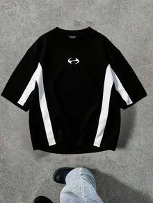 SHEIN 青少年男孩休闲街头拼布标志印花舒适撞色圆领短袖 T 恤，适合通勤、上学、日常休闲、度假、运动、派对、秋冬 - 彩色 - 查看 3