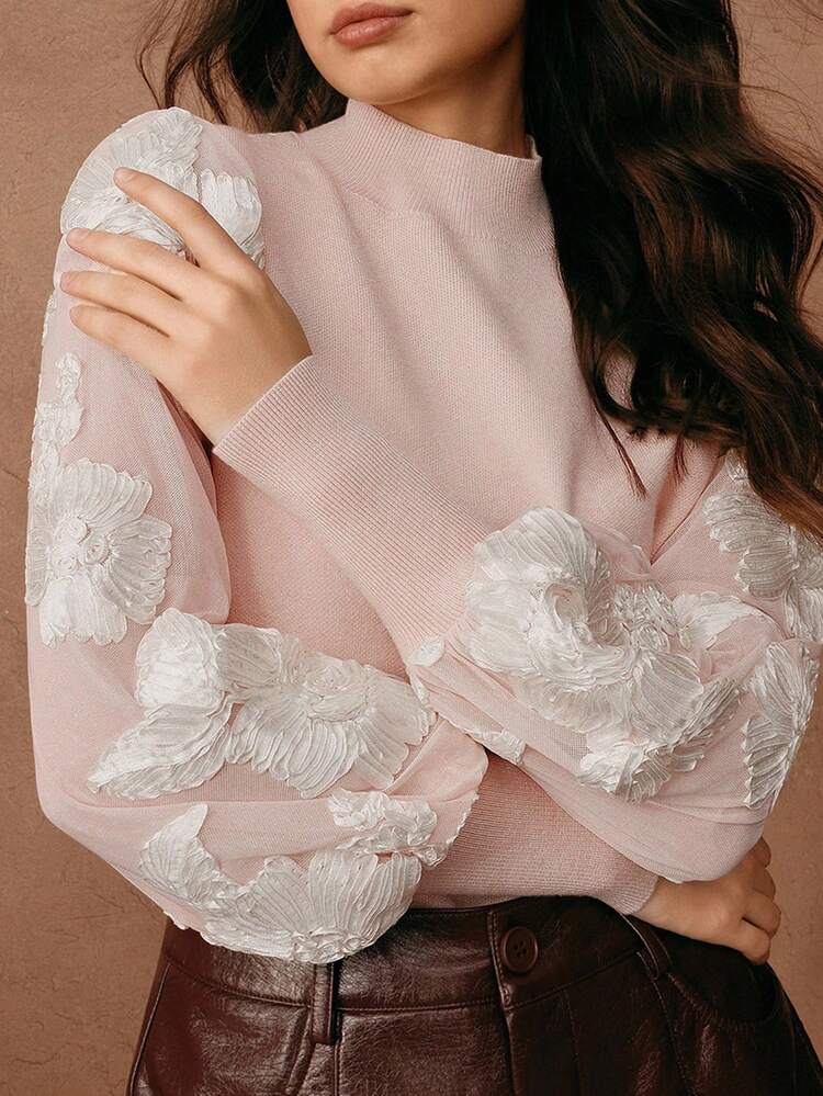女性用エレガントなスタンドカラー ランタンスリーブ テクスチャー フローラル メッシュ スプライス 長袖ニットTシャツ