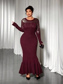 Allurite Christmas Plus Size Sweater Dresses - Burgundy - View 3