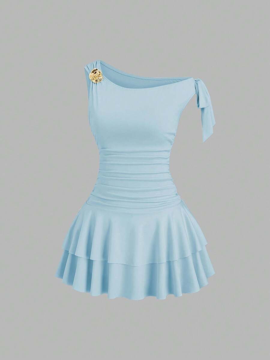 Sweetra Đầm mini hai lớp họa tiết hoa kim loại vai lệch dành cho nữ, eo nhún, viền hai lớp - Màu xanh nhạt - Xem 1
