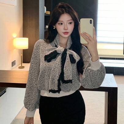 넥타이 칼라, 넥타이 허리, 패션 플로럴 텍스처 플래드 전체 프린트 컬러 블록 레이스 패치워크 긴팔 셔츠가 있는 여성용 루즈 비즈니스 캐주얼 출퇴근 우아한 오피스 웨어 블라우스, 가을, 겨울, 봄에 적합