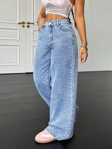 SHEIN PETITE PETITE 90s , Women's Basic Casual Loose Blue Denim Pants, Bow Jeans, Homecoming Jeans, Korean Fashion, Baggy Women Jeans, Jeans With Bow, Tall Women Jeans - Light Wash - View 5