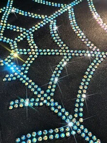 ROMWE MEN Street Life Men's Rhinestone Embellished Hooded Casual Zip-Up Spider Web Sweatshirt, Fall - Black - View 2